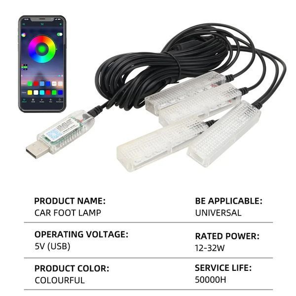 Автомобільна RGB-підсвітка салону з підтримкою програми 4 шт USB LONG124 фото