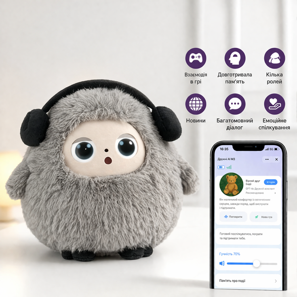 Іграшка зі штучним інтелектом Bobo / Інтерактивна плюшева іграшка BOBO з AI, голосом і LED очима / Розумна іграшка 22х25см Сірий Jam1657/1 фото