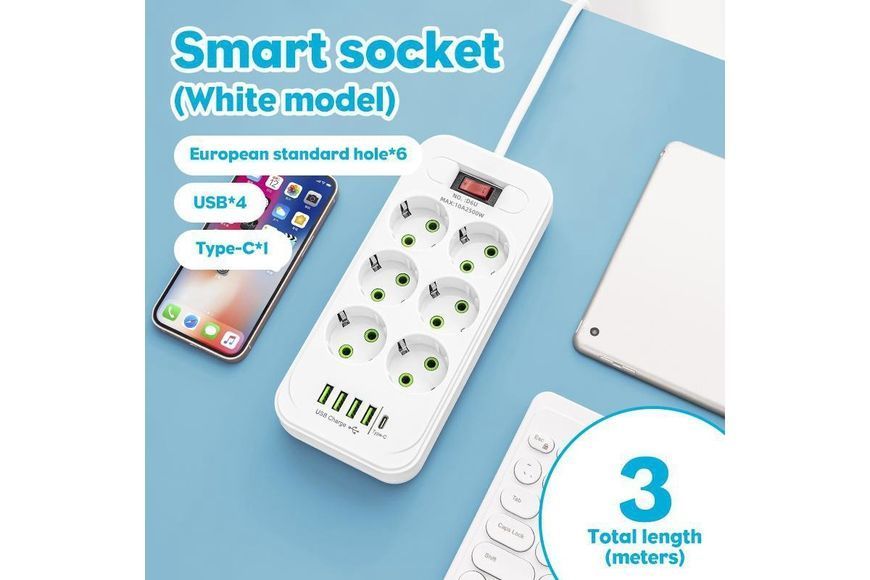 Мережевий подовжувач/фільтр/розгалужувач (D6) 6х220V + 4хUSB+ 1хType-C 3 метри М17561 фото