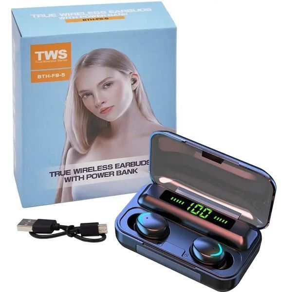 Навушники F9 TWS V5.0 Бездротові сенсорні Bluetooth з індикатором заряду чорні водонепроникні (NB-1) Jav77874 фото
