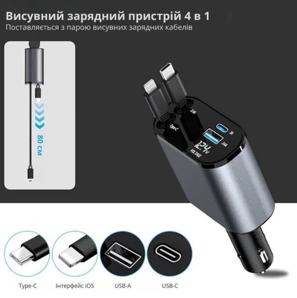 Автомобільний зарядний пристрій із швидкою зарядкою 4в1 Lightning / Type-C / USB PR-2-32 фото
