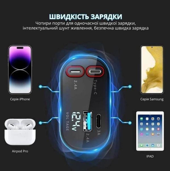Автомобільний зарядний пристрій із швидкою зарядкою 4в1 Lightning / Type-C / USB PR-2-32 фото