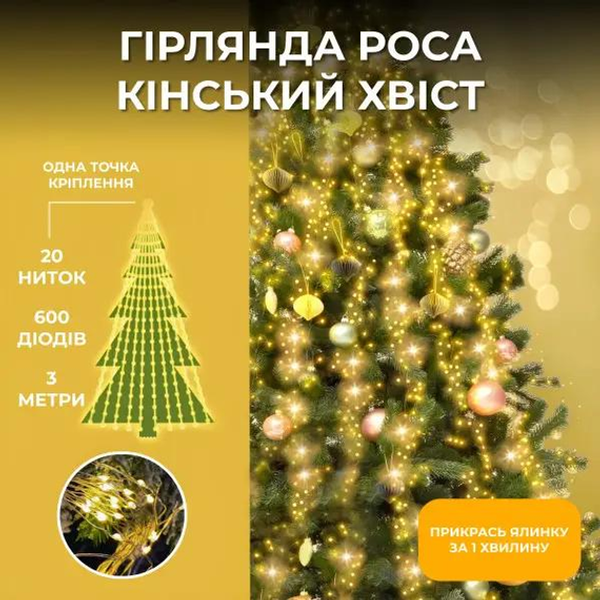 Гірлянда Кінський хвіст від USB 5 метра 1000 LED 20 ниток, жовтий G5857 фото