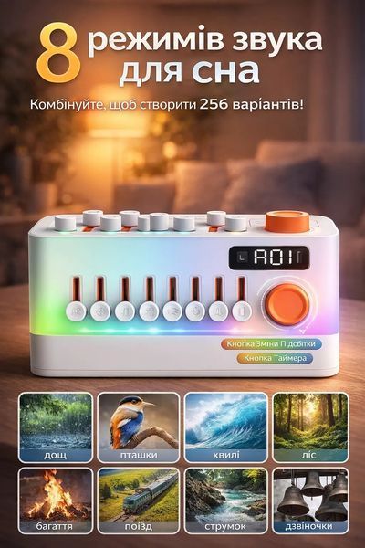 Портативний звуковий генератор 3в1 / Розумна колонка з RGB-підсвічуванням / Нічник з таймером, на акумуляторі, для сну, релаксації та медитації sp10352 фото