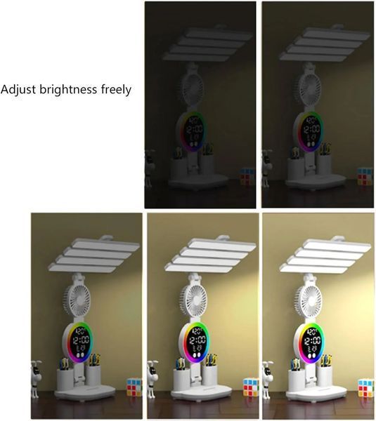 Акумуляторна LED лампа / Настільна лампа з 4 плафонами, RGB-підсвічуванням, годинником та вентилятором M17670 фото