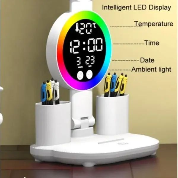 Акумуляторна LED лампа / Настільна лампа з 4 плафонами, RGB-підсвічуванням, годинником та вентилятором M17670 фото