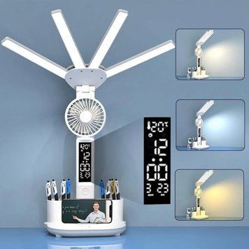 Акумуляторна LED лампа / Настільна лампа 3в1 з акумулятором 3200мАч та USB-дисплеєм / Акумуляторна LED лампа-органайзер з вентилятором та годинником M17669 фото