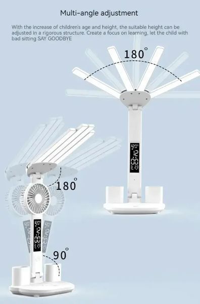 Акумуляторна LED лампа / Настільна лампа 3в1 з акумулятором 3200мАч та USB-дисплеєм / Акумуляторна LED лампа-органайзер з вентилятором та годинником M17669 фото