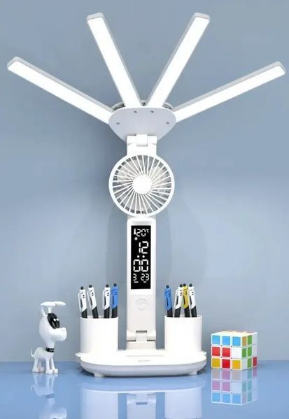 Акумуляторна LED лампа / Настільна лампа 3в1 з акумулятором 3200мАч та USB-дисплеєм / Акумуляторна LED лампа-органайзер з вентилятором та годинником M17669 фото