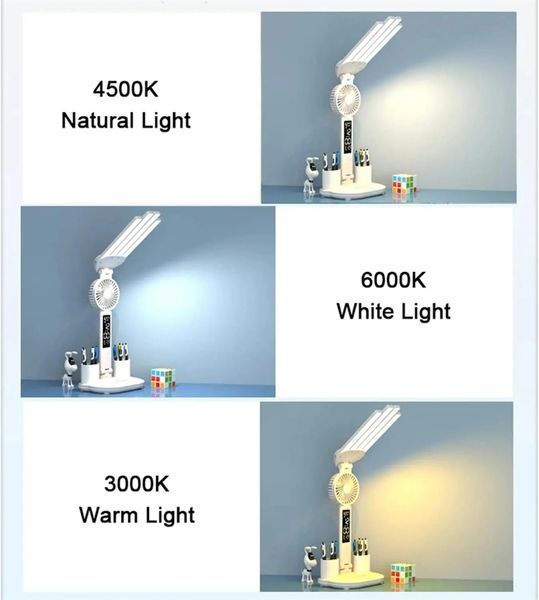 Акумуляторна LED лампа / Настільна лампа 3в1 з акумулятором 3200мАч та USB-дисплеєм / Акумуляторна LED лампа-органайзер з вентилятором та годинником M17669 фото