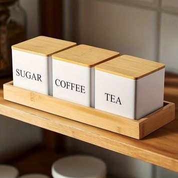 Набір банок для зберігання &laquo;Sugar/Coffee/Tea&raquo; з бамбуковими кришками та підставкою PR-2-8 фото