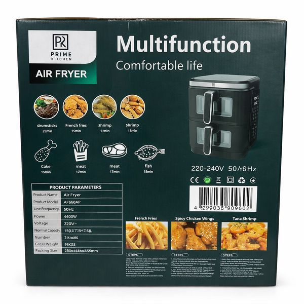 Аерогриль подвійний Prime Kitchen AF960AP, 15 л, 4400 Вт, з двома незалежними камерами, цифрове керування AF960AP фото