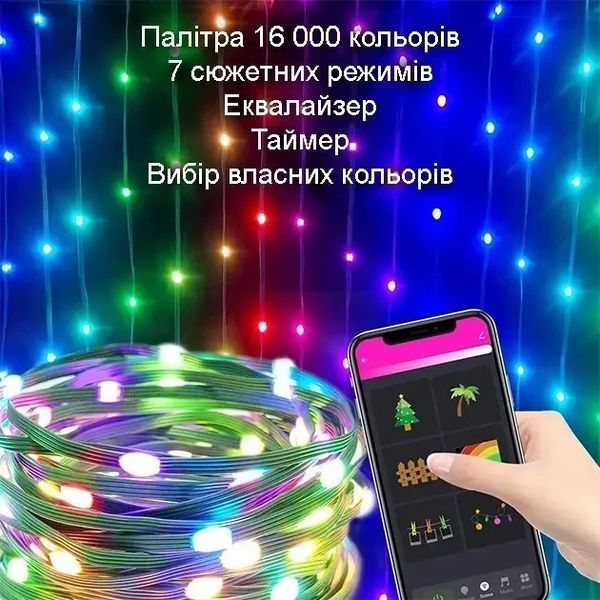 Програмована новорічна LED гірлянда Крапля роси з пультом і керуванням із телефона SFK-04 Bluetooth USB 10 м SFK04 фото