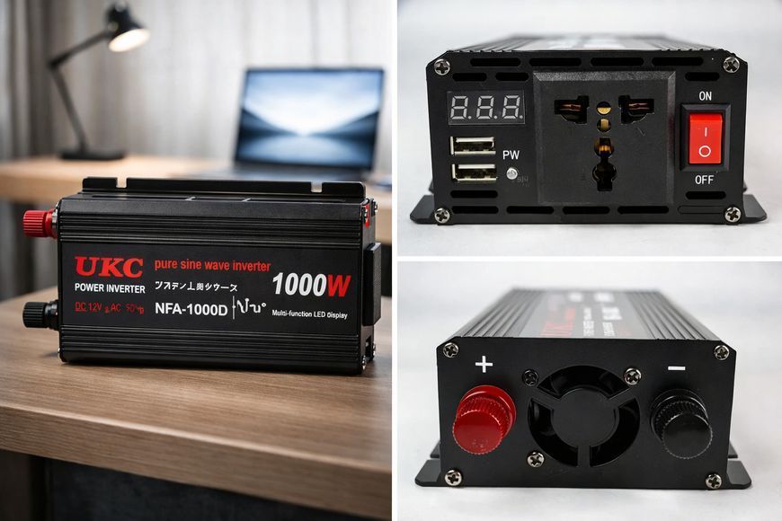 Перетворювач напруги 12V-220V UKC 1000 Вт з чистою синусоїдою / автомобільний інвертор 12 В 220 В з цифровим дисплеєм та USB виходом sp4139 фото