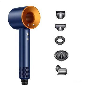Фен з 5 різними насадками для сушіння та укладання hair dryer fan синій G5936 фото
