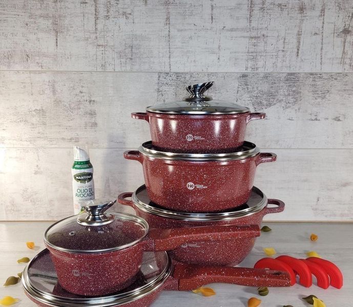 Набір каструль і сковорода Higher Kitchen HK-305, Набір посуду з гранітним антипригарним покриттям КРАСНИЙ HK-305 фото