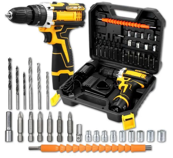 Набір шурупокрут акумуляторний із насадками screw driver sets yellow 12v Повний комплект у валізі! NO12v фото