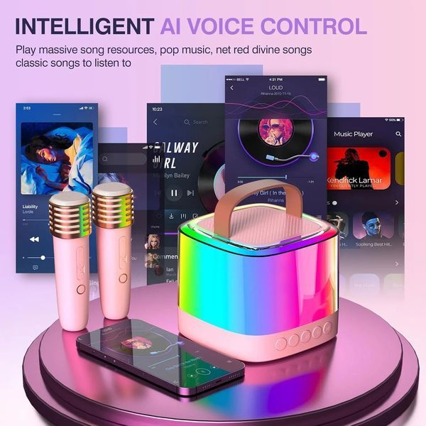 Портативна Bluetooth-колонка T7 з LED підсвічуванням / Караоке-колонка для дітей та дорослих 2 мікрофони G6932/2 фото