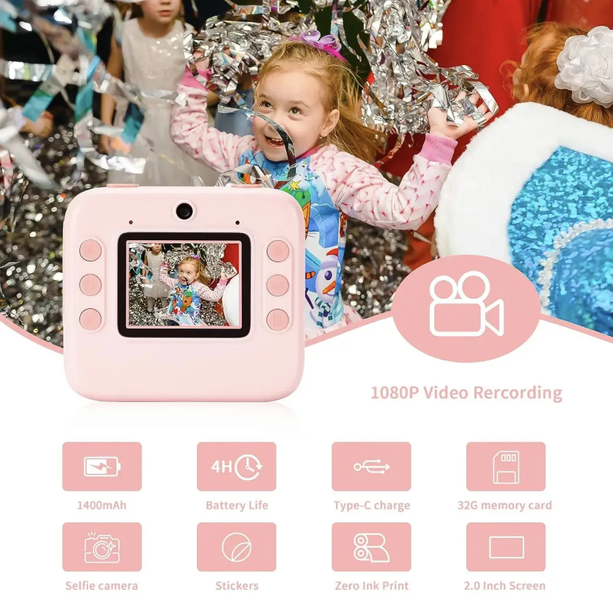 Фотокамера моментального друку дитяча Instant Print Camera, 1080P Video for kids G6337 фото