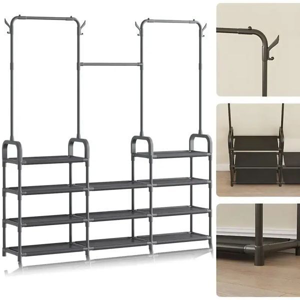 Стійка-вішалка для одягу та взуття Model1BLACK &mdash; 164&times;137&times;26см, 11полок, 4гачки, підлогова, нержавіюча сталь G9733 фото