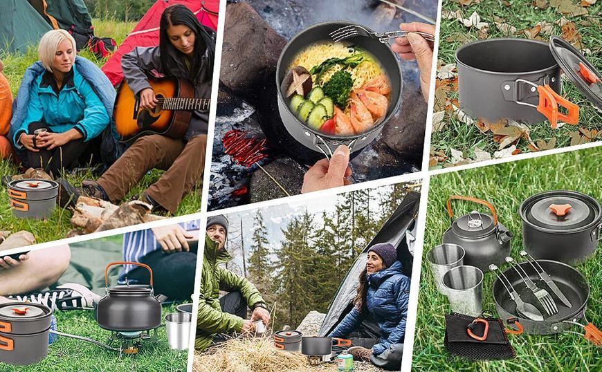 Набір туристичного посуду Camping cooking зі столовими приладами 10 в 1 / Набір посуду для походу, пікніка та риболовлі G7569 фото