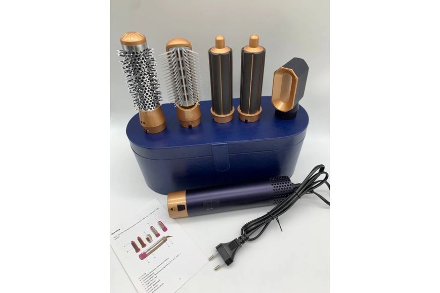 Стайлер 5в1 HAIR BRUSH Styler + Коробка з функціями об'єму, випрямлення, накручування темно-синій G9867 фото