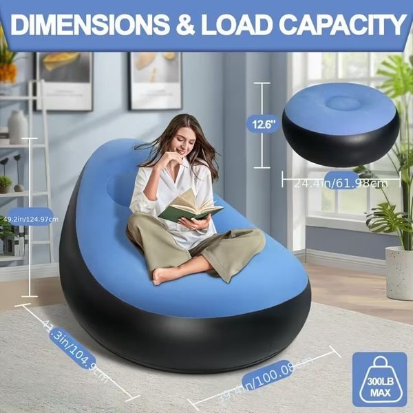 Надувний диван з пуфом Air Sofa / Надувне велюрове крісло з пуфом+насос Блакитний 255874321/2 фото