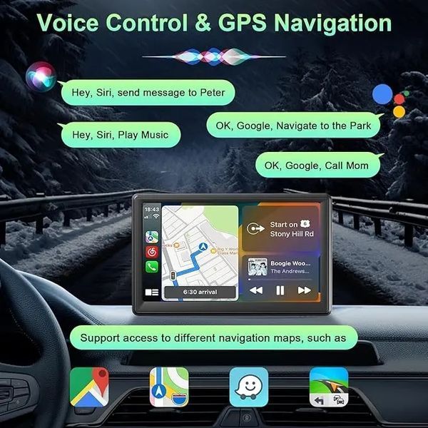 Бездротовий автомобільний екран CarPlay / Портативний автомобільний відеоплеєр, сумісний з Apple CarPlay та Android Auto, 7-дюймовий сенсорний IPS-екран для автомобільної стереосистеми з GPS-навігаціє G6697 фото