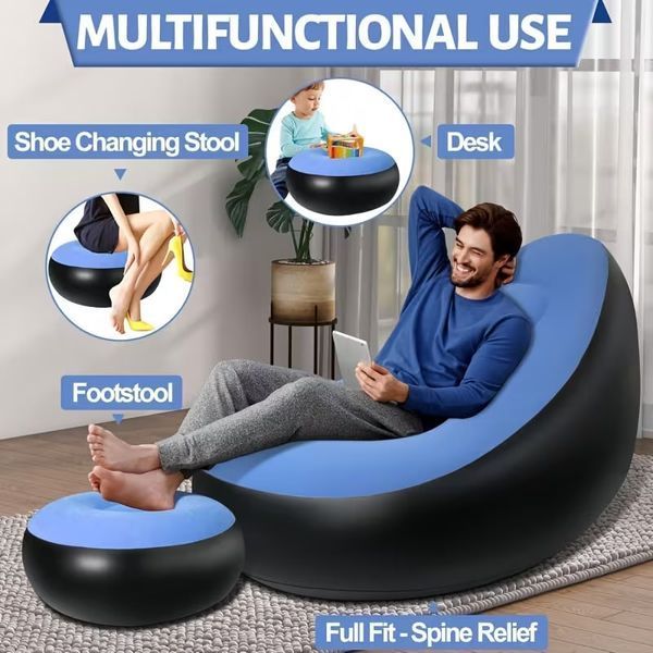 Надувний диван з пуфом Air Sofa / Надувне велюрове крісло з пуфом+насос Блакитний 255874321/2 фото