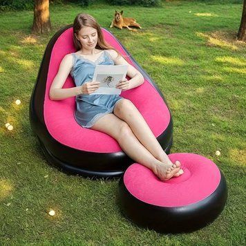 Надувний диван з пуфом Air Sofa / Надувне велюрове крісло з пуфом+насос Рожевий 255874321/3 фото