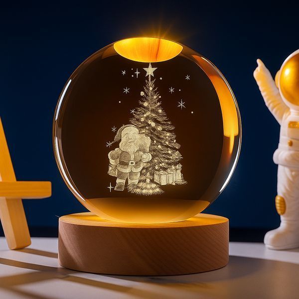 Нічник 3D куля кришталеве Різдво RGB на дерев'яній підставці USB RG154 фото