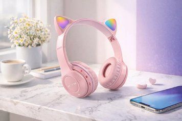 Бездротові навушники з котячими вушками та лід підсвічуванням Cat Ear Y47 Led, Bluetooth навушники з мікрофоном Рожевий Y47/3 фото