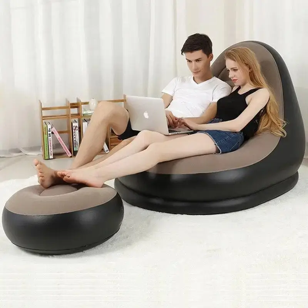Надувний диван з пуфом Air Sofa / Надувне велюрове крісло з пуфом+насос Бежевий 255874321/1 фото