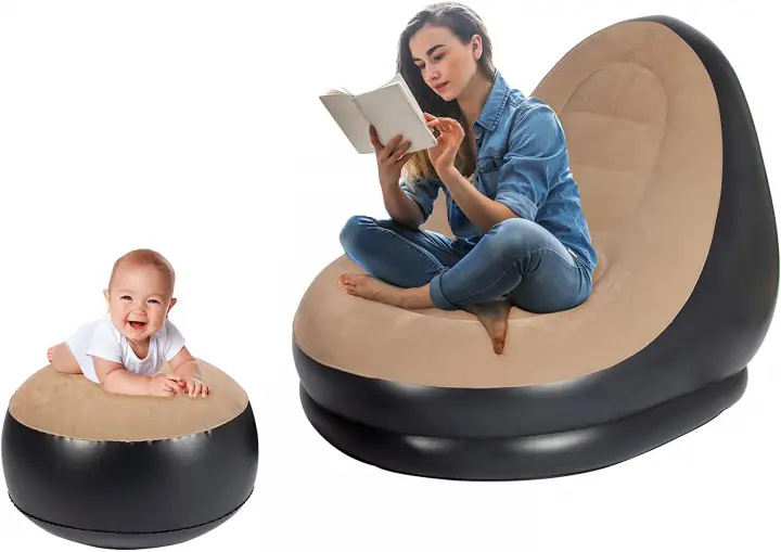 Надувний диван з пуфом Air Sofa / Надувне велюрове крісло з пуфом+насос Бежевий 255874321/1 фото