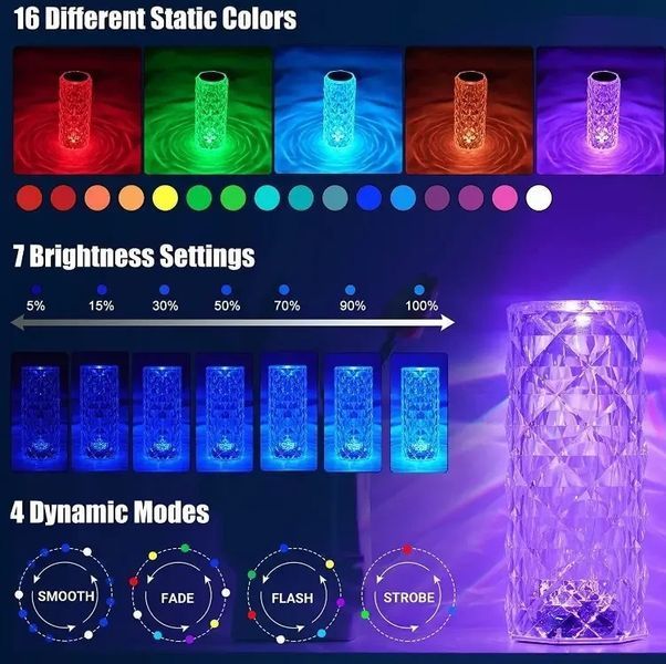 Настільна акумуляторна лампа з пультом 22 см нічник Троянда з пультом RGB Crystal Rose. CRR22 фото