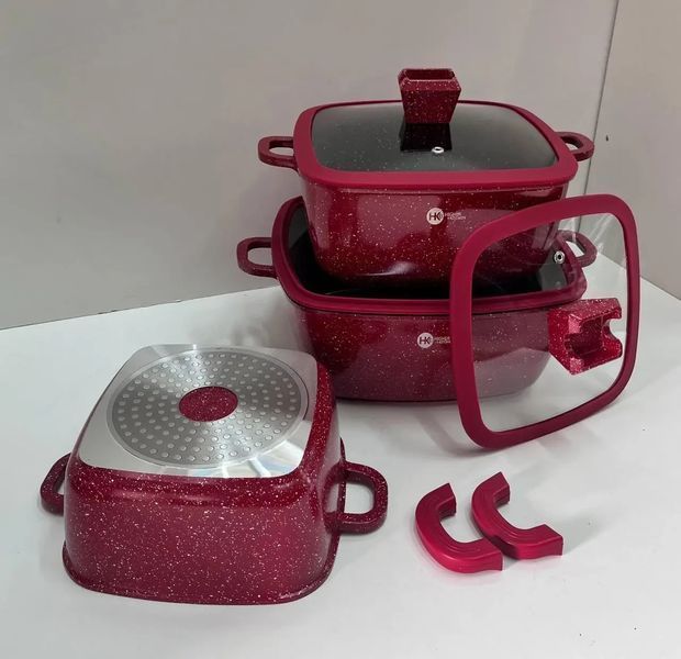 Набір квадратних каструль із силіконовими кришками Higher Kitchen HK-323 Червоний HK323RED фото