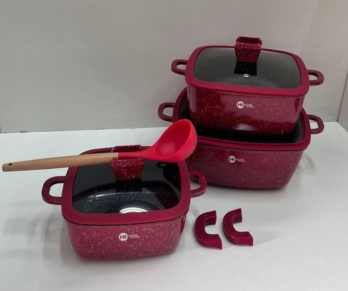 Набір квадратних каструль із силіконовими кришками Higher Kitchen HK-323 Червоний HK323RED фото