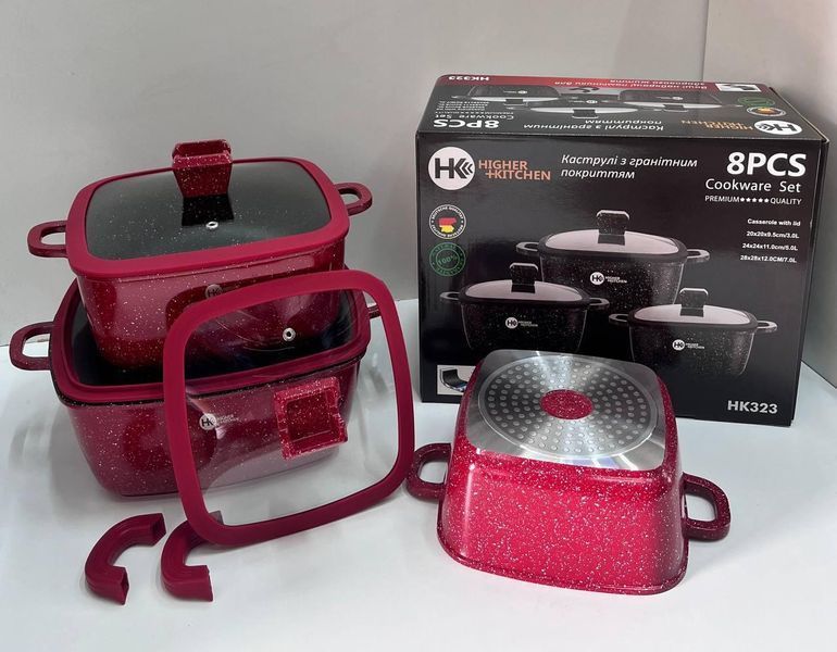 Набір квадратних каструль із силіконовими кришками Higher Kitchen HK-323 Червоний HK323RED фото