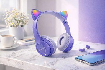 Бездротові навушники з котячими вушками та лід підсвічуванням Cat Ear Y47 Led, Bluetooth навушники з мікрофоном Бузковий Y47/4 фото