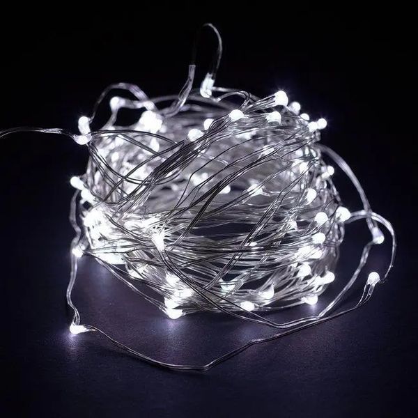 Новорічні гірлянди. Мідна дротяна лампа 100LED 10м (батарейки) Колір білий Силіконовий провід (7108) mu20308 фото