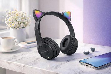 Бездротові навушники з котячими вушками та лід підсвічуванням Cat Ear Y47 Led, Bluetooth навушники з мікрофоном Чорний Y47/5 фото