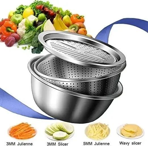 Багатофункціональний кухонний набір із неіржавкої сталі 3 в 1 Metal Basket Cutter Миска друшляк і тертка MBC31 фото