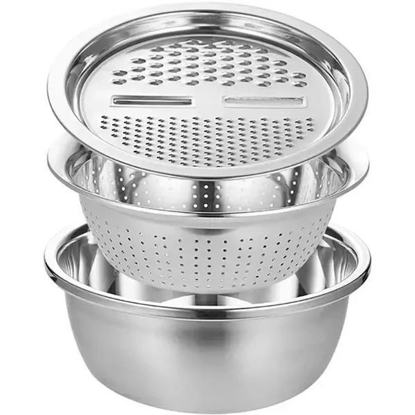 Багатофункціональний кухонний набір із неіржавкої сталі 3 в 1 Metal Basket Cutter Миска друшляк і тертка MBC31 фото