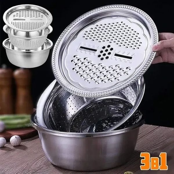 Багатофункціональний кухонний набір із неіржавкої сталі 3 в 1 Metal Basket Cutter Миска друшляк і тертка MBC31 фото