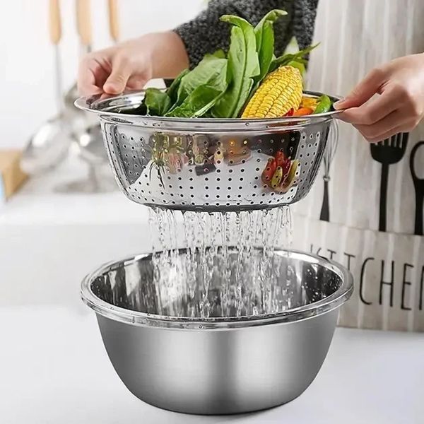 Багатофункціональний кухонний набір із неіржавкої сталі 3 в 1 Metal Basket Cutter Миска друшляк і тертка MBC31 фото