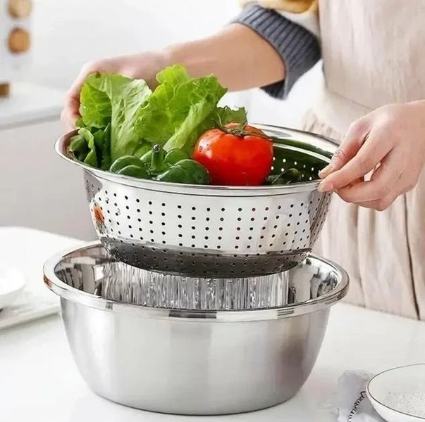 Багатофункціональний кухонний набір із неіржавкої сталі 3 в 1 Metal Basket Cutter Миска друшляк і тертка MBC31 фото