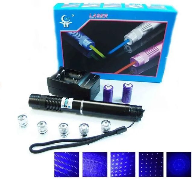 Лазерна указка (лазерний вказівник) 10000МВт синя з насадками Laser Blue YXB 008 sp5410 фото